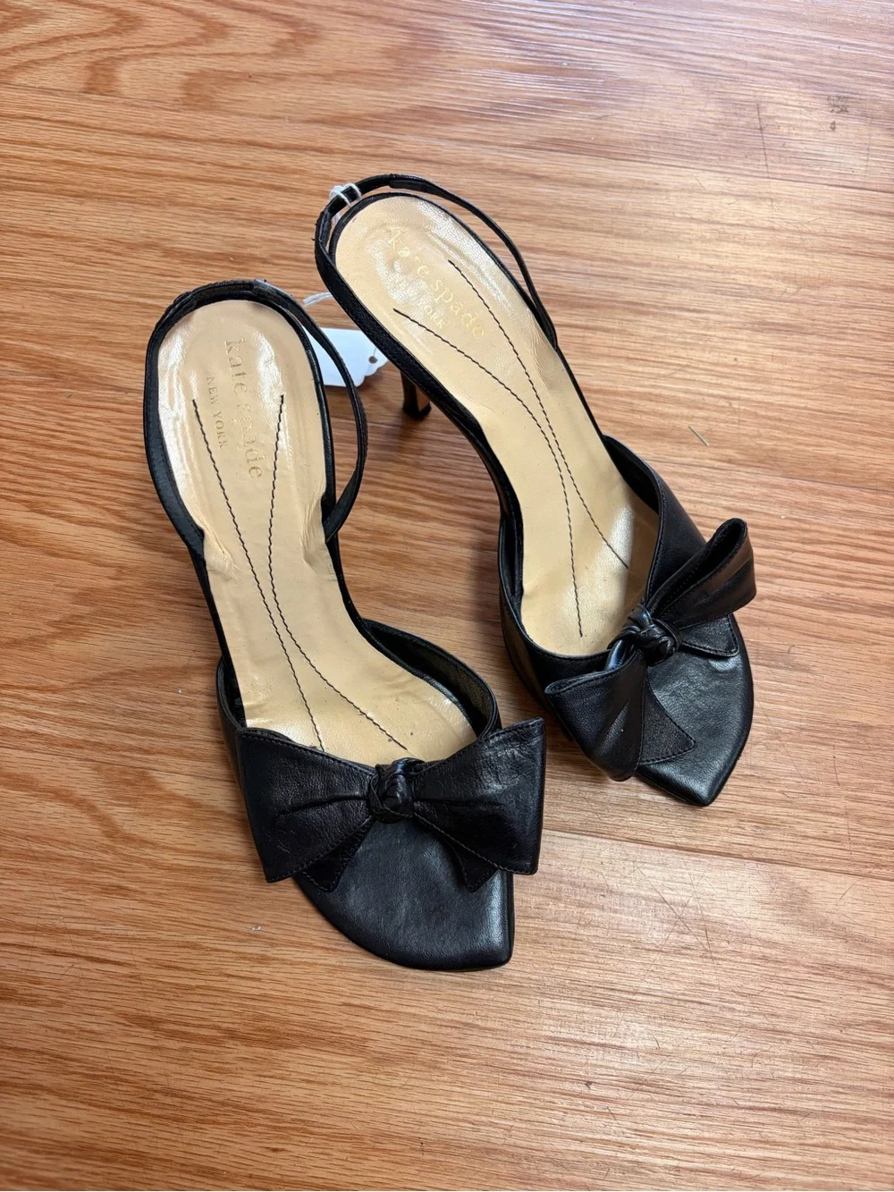 Kate Spade black leather peep toe sling back heels with bow detail